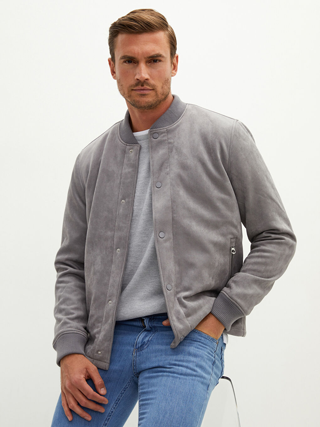 Loose Fit College Collar Bomber Suede Men's Coat