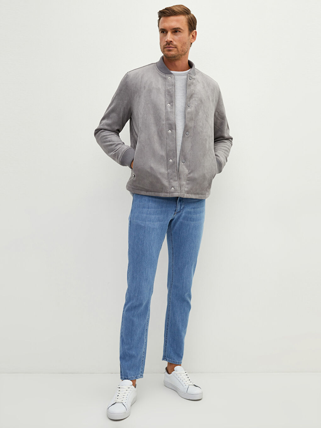 Loose Fit College Collar Bomber Suede Men's Coat-1