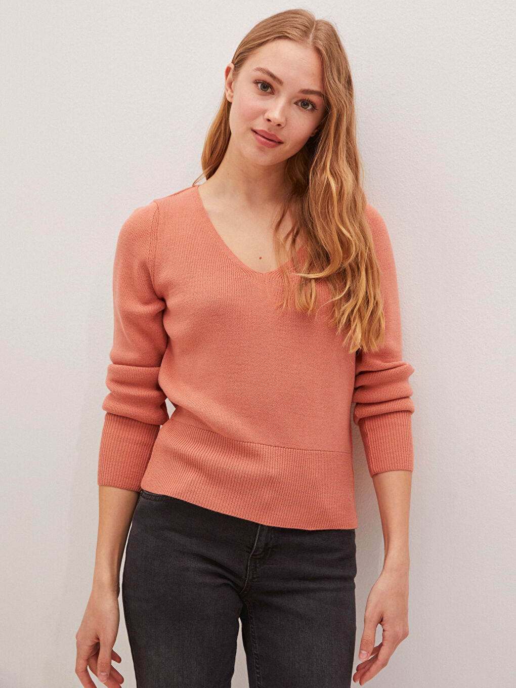 LCW Vision V Neck Plain Long Sleeve Women's Knitwear Sweater -W11147Z8-GHV