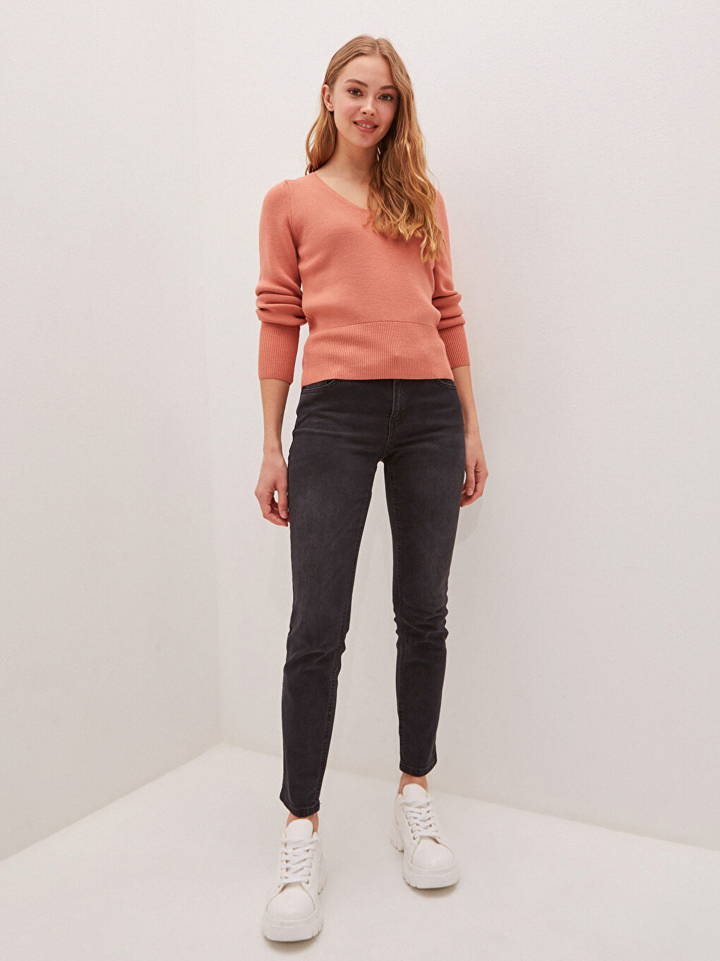 LCW Vision V Neck Plain Long Sleeve Women's Knitwear Sweater -W11147Z8-GHV