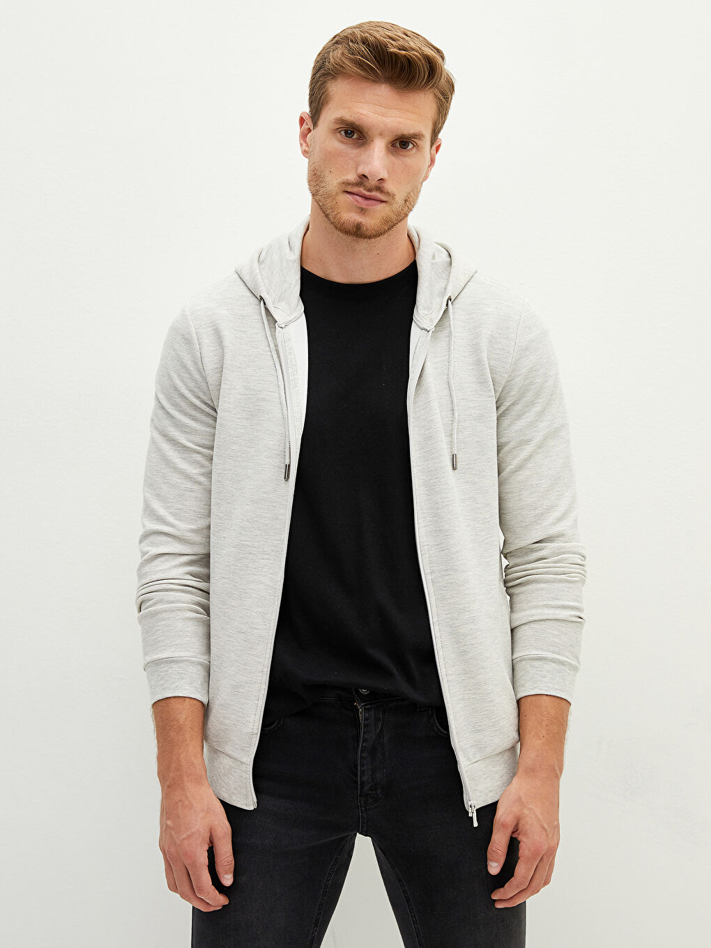 Gri Kapüşonlu Uzun Kollu Erkek Fermuarlı Sweatshirt-2