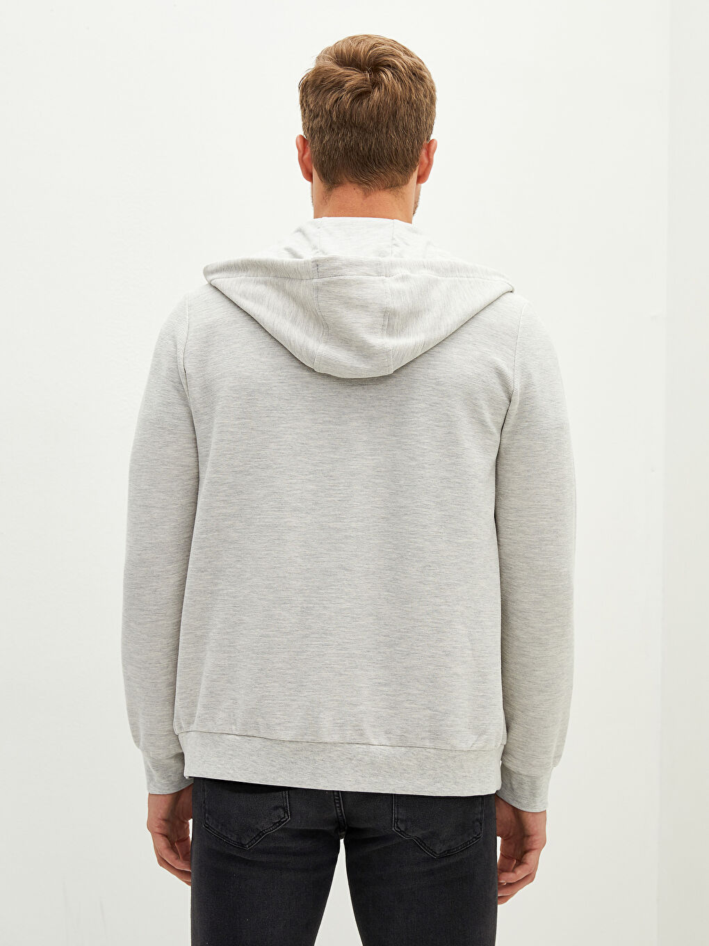 Gri Kapüşonlu Uzun Kollu Erkek Fermuarlı Sweatshirt-5