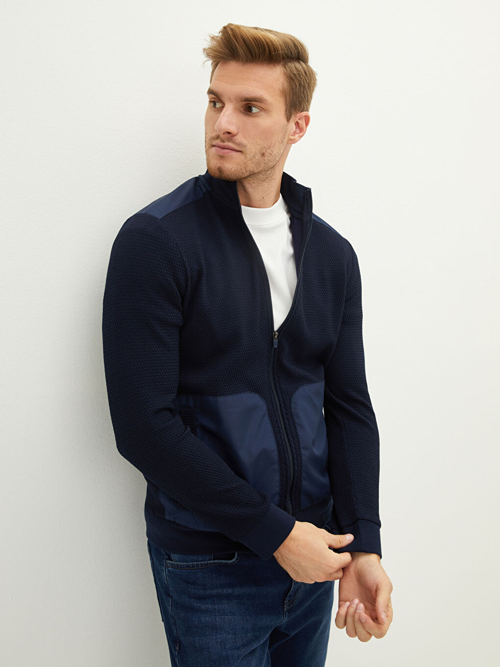 Comfortable Fit Stand Up Collar Long Sleeve Men's Sports Cardigan-1