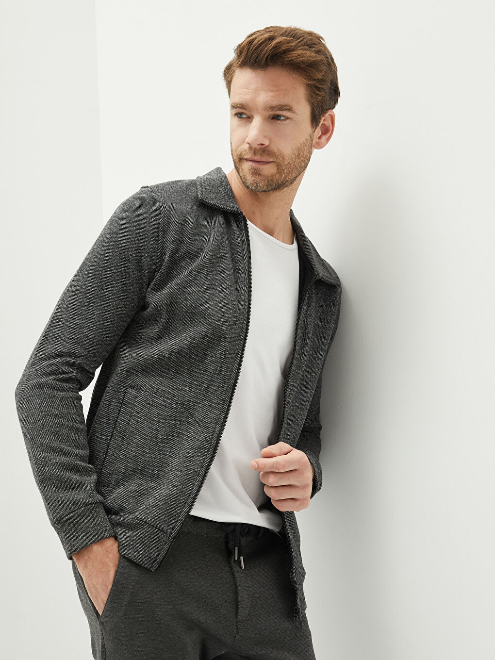 Siyah Rahat Kalıp Polo Yaka Uzun Kollu Erkek Spor Hırka-1