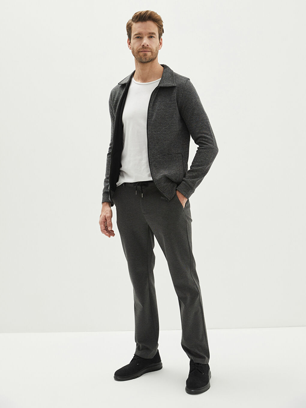 Siyah Rahat Kalıp Polo Yaka Uzun Kollu Erkek Spor Hırka-2