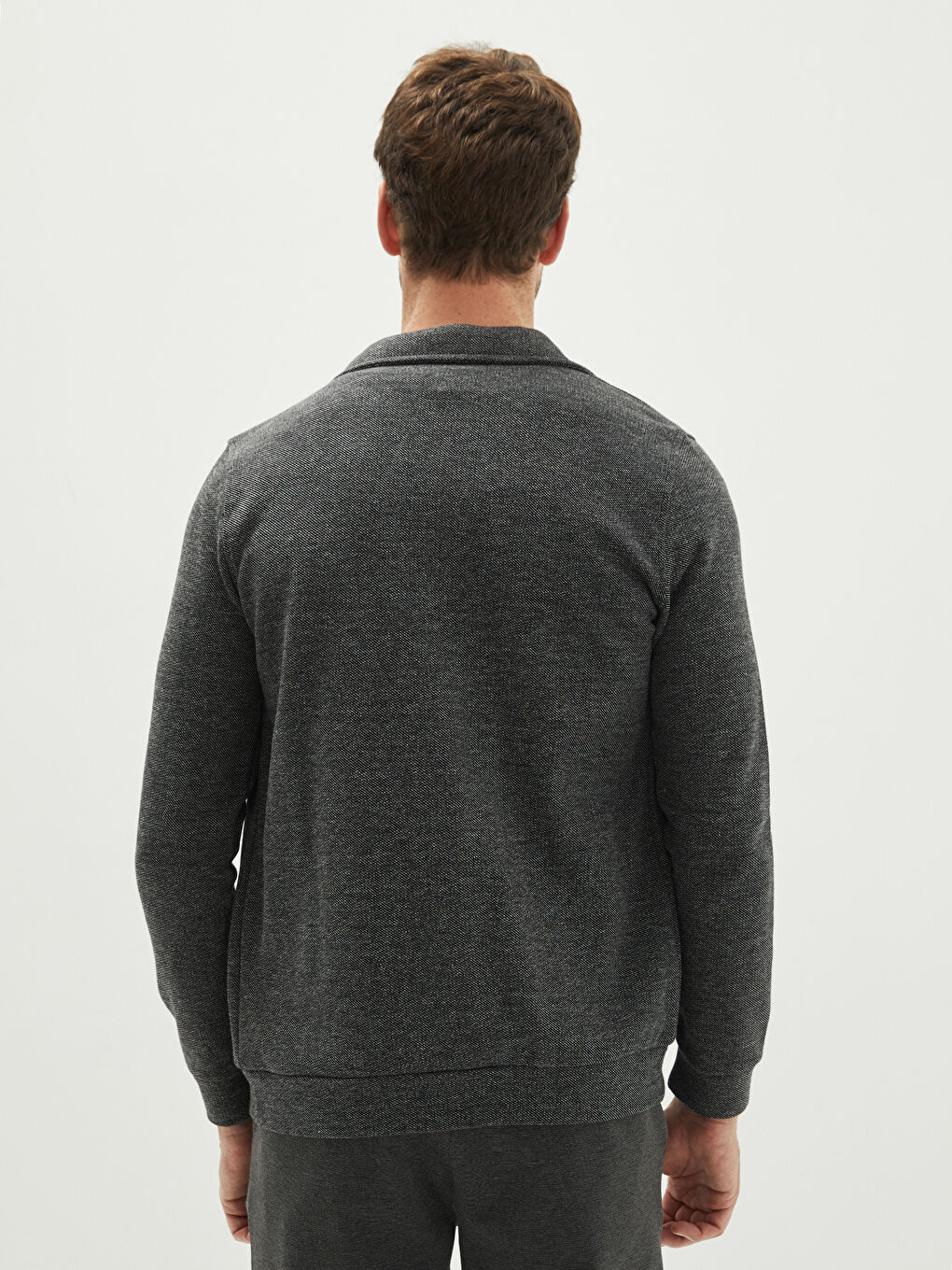 Siyah Rahat Kalıp Polo Yaka Uzun Kollu Erkek Spor Hırka-4