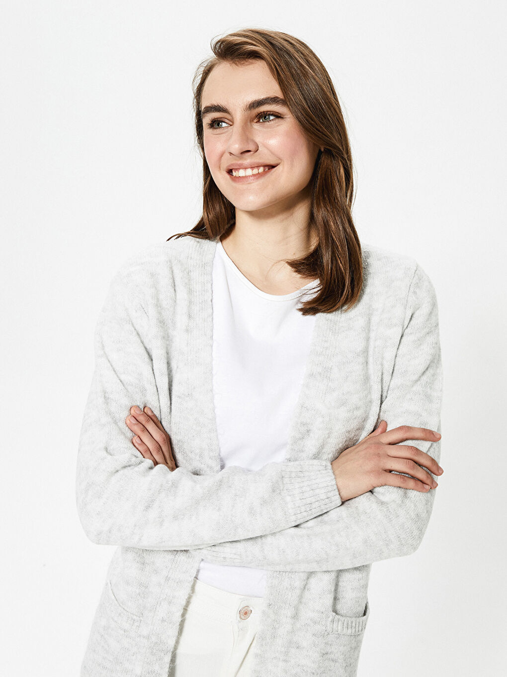 Gri Şal Yaka Düz Cep Detaylı Uzun Kollu Kadın Hırka-1