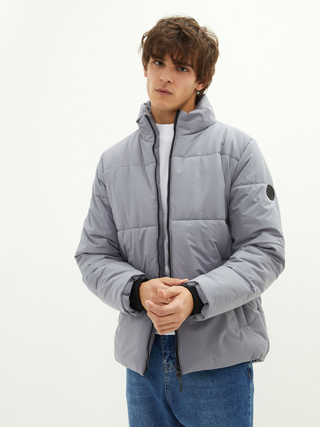 Gri Rahat Kalıp Uzun Kollu Dik Yaka Erkek Mont