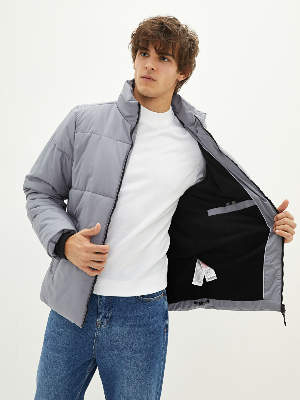 Gri Rahat Kalıp Uzun Kollu Dik Yaka Erkek Mont-3