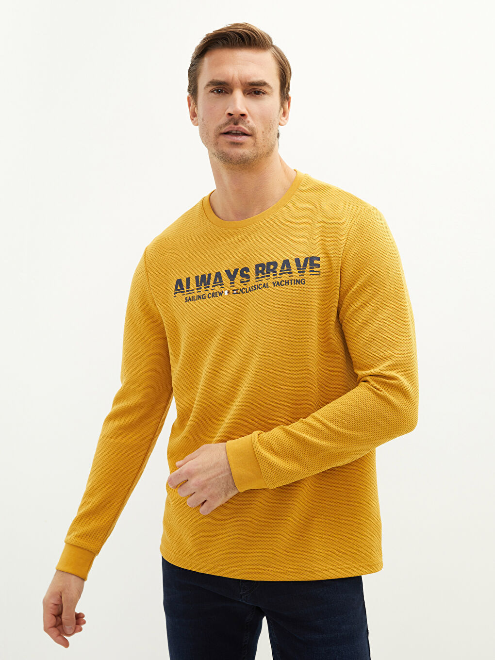 Sarı Bisiklet Yaka Uzun Kollu Baskılı Erkek Sweatshirt