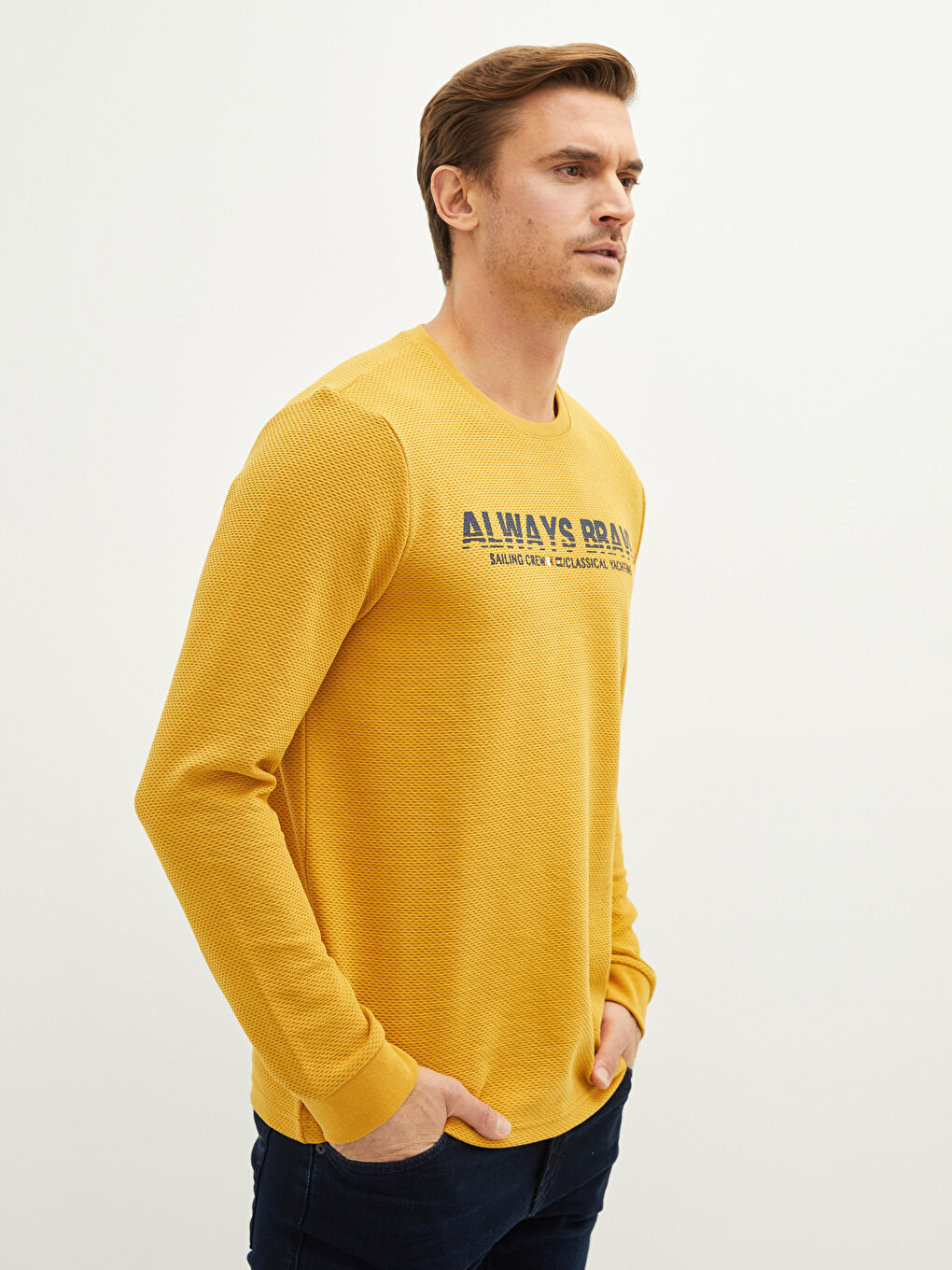 Sarı Bisiklet Yaka Uzun Kollu Baskılı Erkek Sweatshirt-1