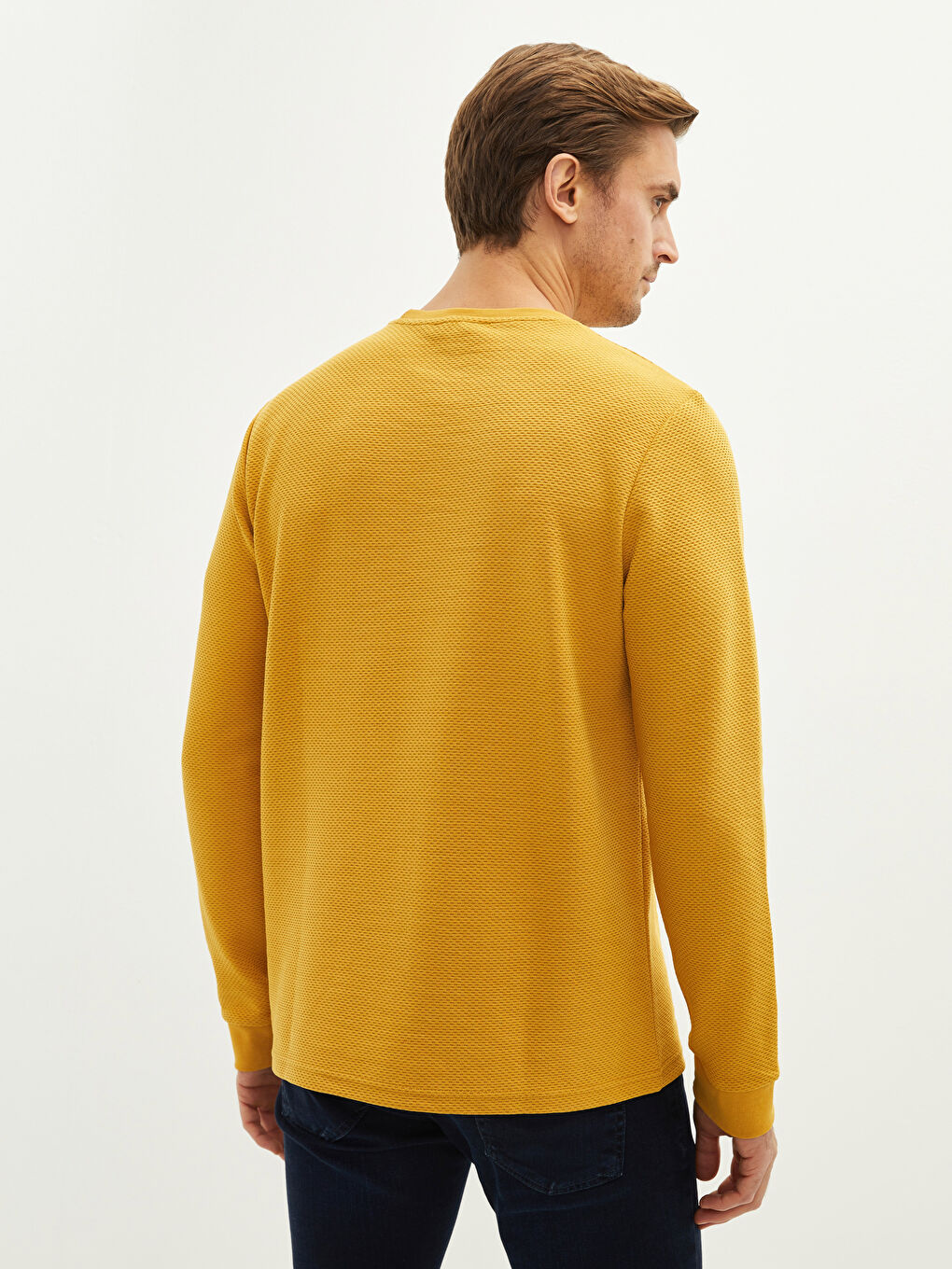 Sarı Bisiklet Yaka Uzun Kollu Baskılı Erkek Sweatshirt-4