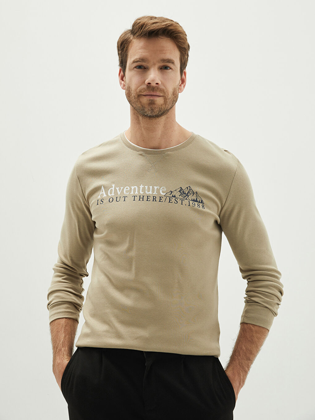 Bej Bisiklet Yaka Uzun Kollu Baskılı Erkek Tişört