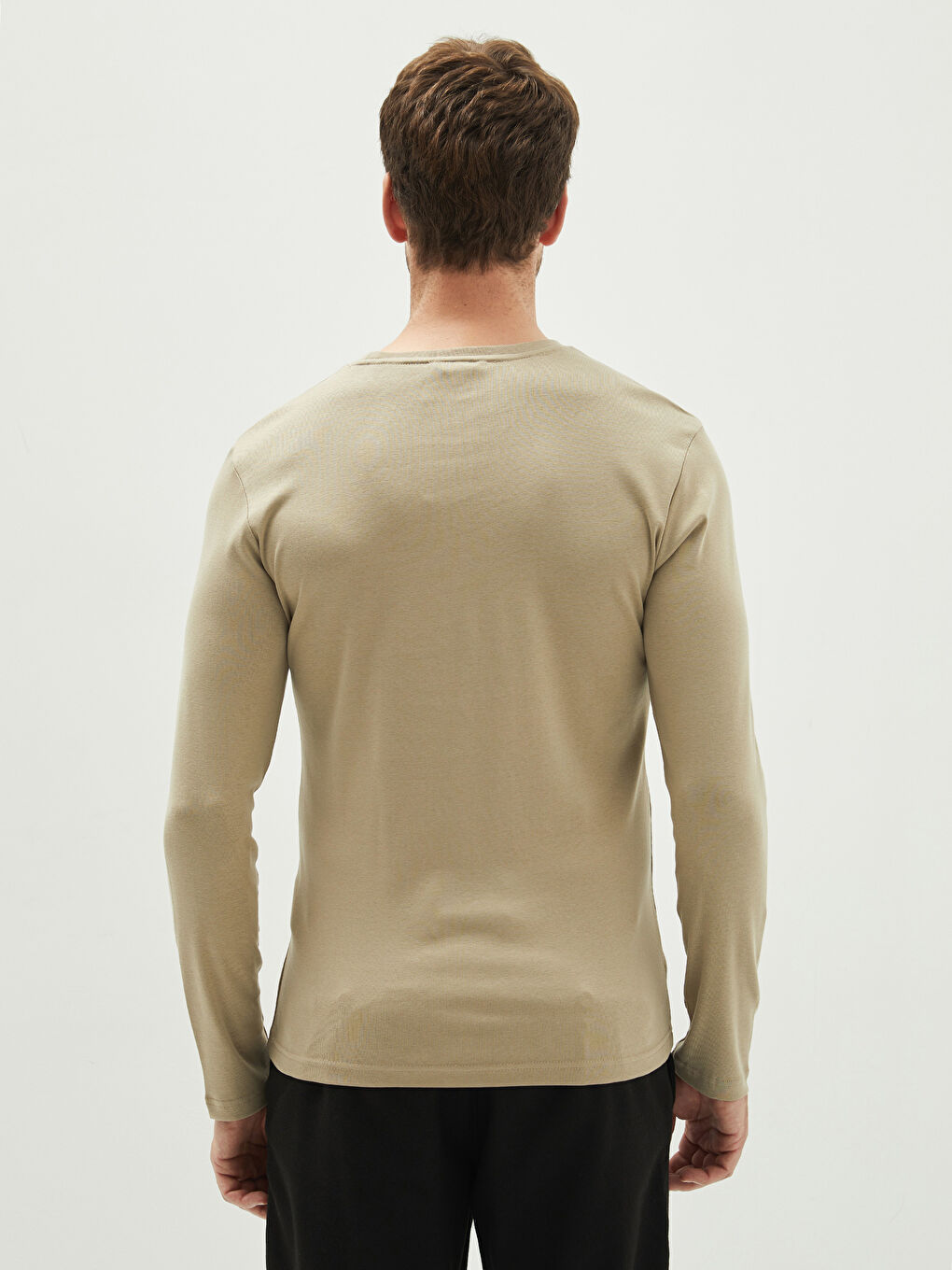 Bej Bisiklet Yaka Uzun Kollu Baskılı Erkek Tişört-4