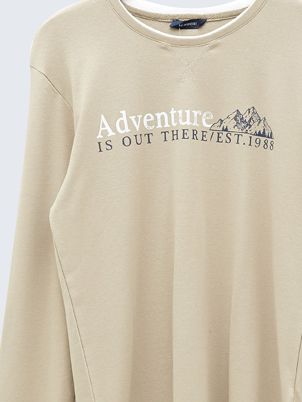 Bej Bisiklet Yaka Uzun Kollu Baskılı Erkek Tişört-7