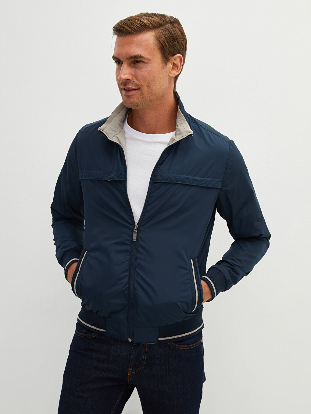 Standard Pattern Stand Up Collar Men's Bomber Jacket-5