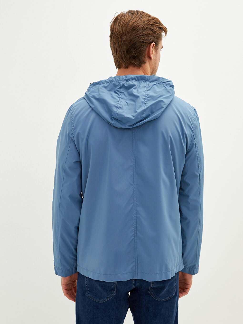 İndigo Bol Kalıp Kapüşonlu İnce Erkek Yağmurluk-4