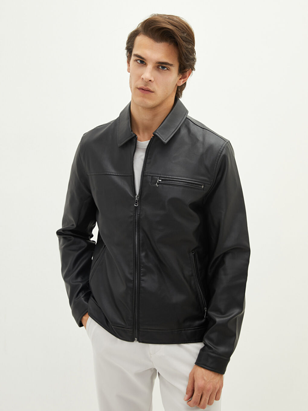 Siyah Standart Kalıp Gömlek Yaka Erkek Deri Görünümlü Mont-1