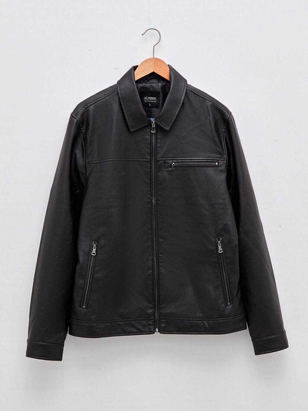 Siyah Standart Kalıp Gömlek Yaka Erkek Deri Görünümlü Mont-5