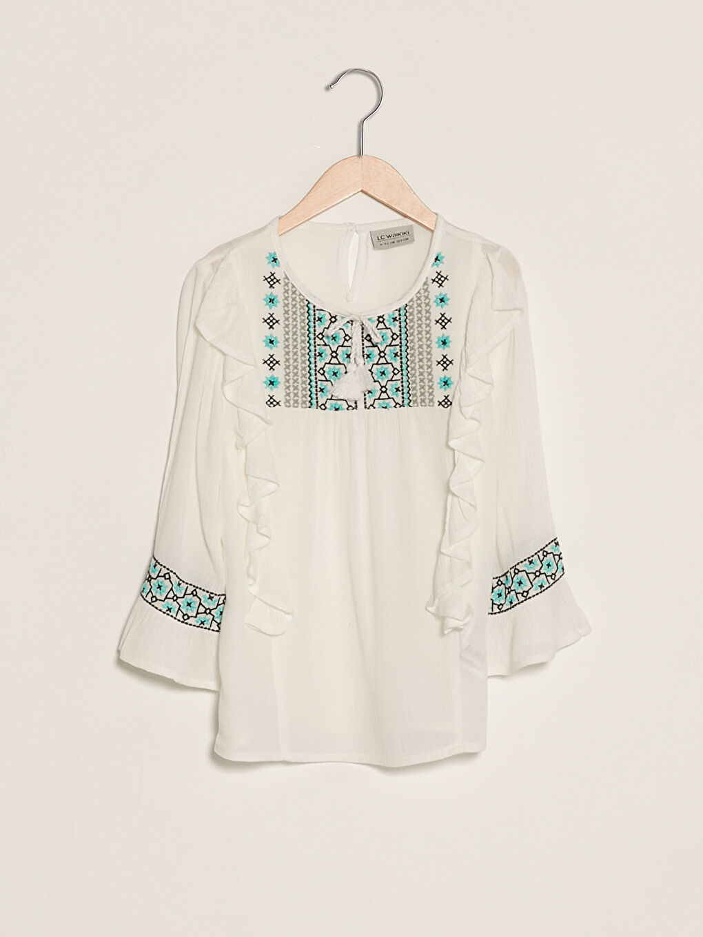 Crew Neck Embroidered Long Sleeve Girl's Blouse