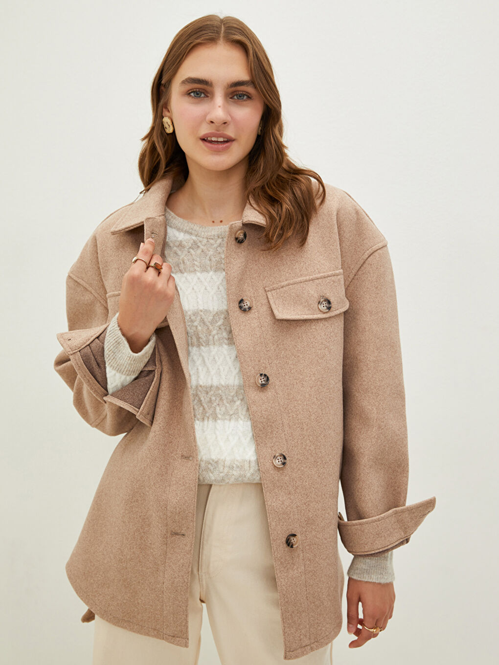 Shirt Collar Waist Belted Pocket Detailed Long Sleeve Women's Cachet Coat-2