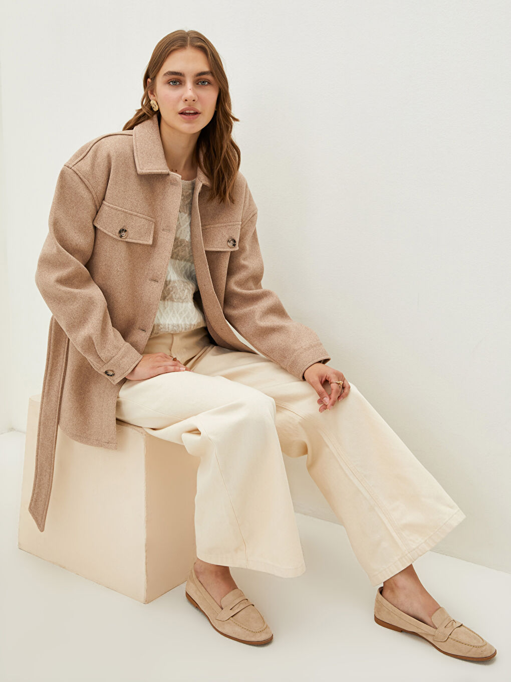 Shirt Collar Waist Belted Pocket Detailed Long Sleeve Women's Cachet Coat-3