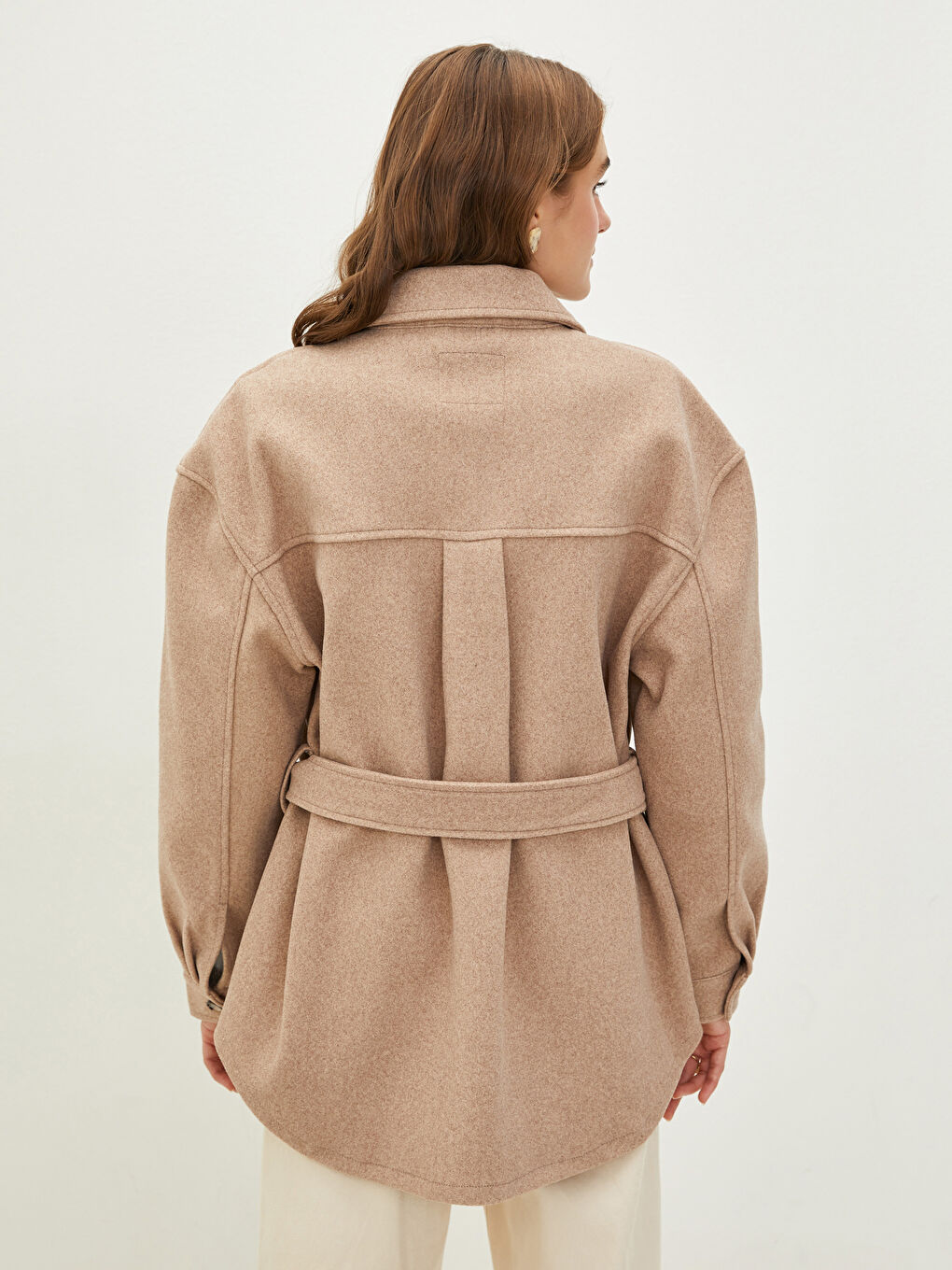 Shirt Collar Waist Belted Pocket Detailed Long Sleeve Women's Cachet Coat-4