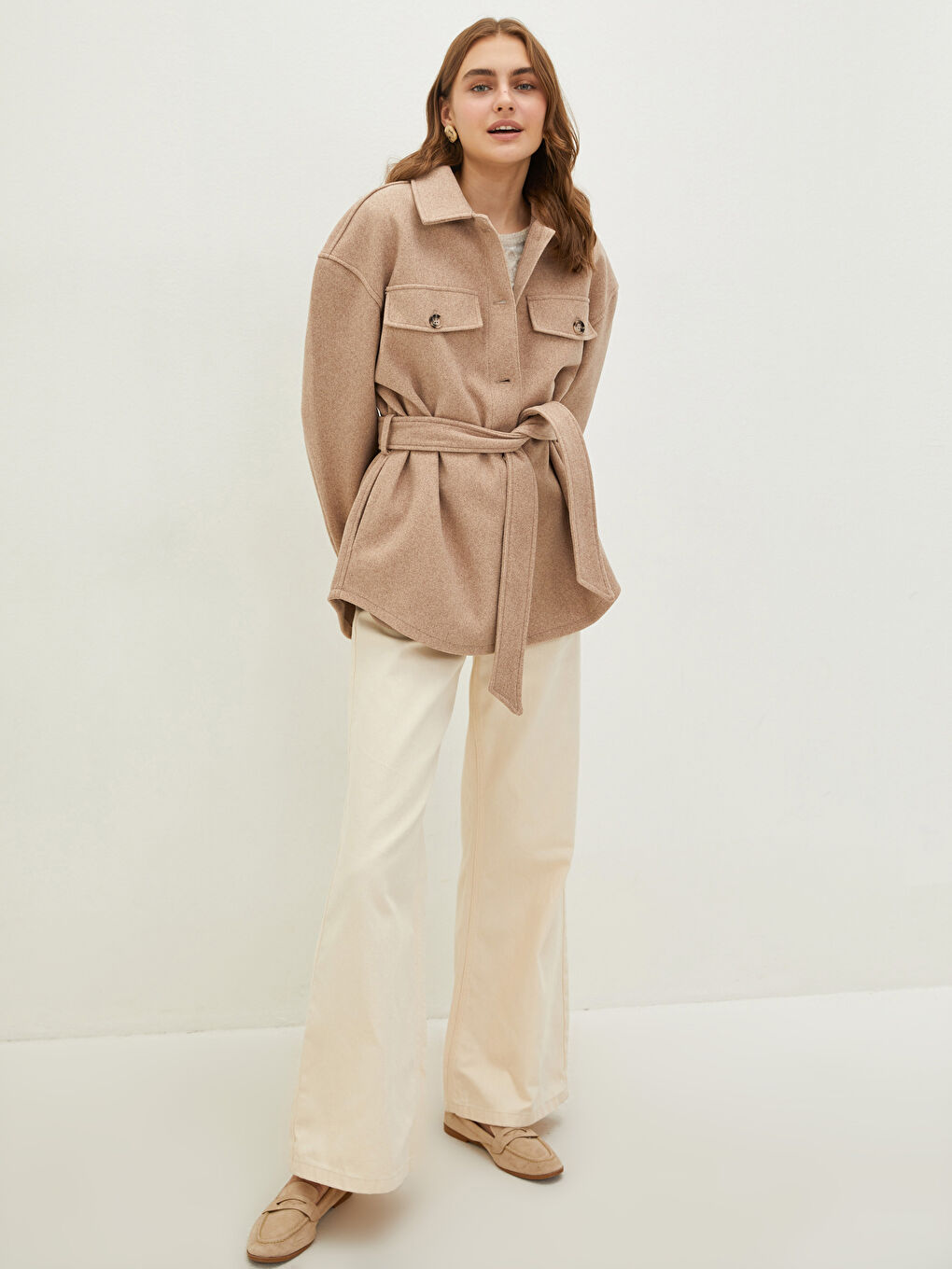 Shirt Collar Waist Belted Pocket Detailed Long Sleeve Women's Cachet Coat-1