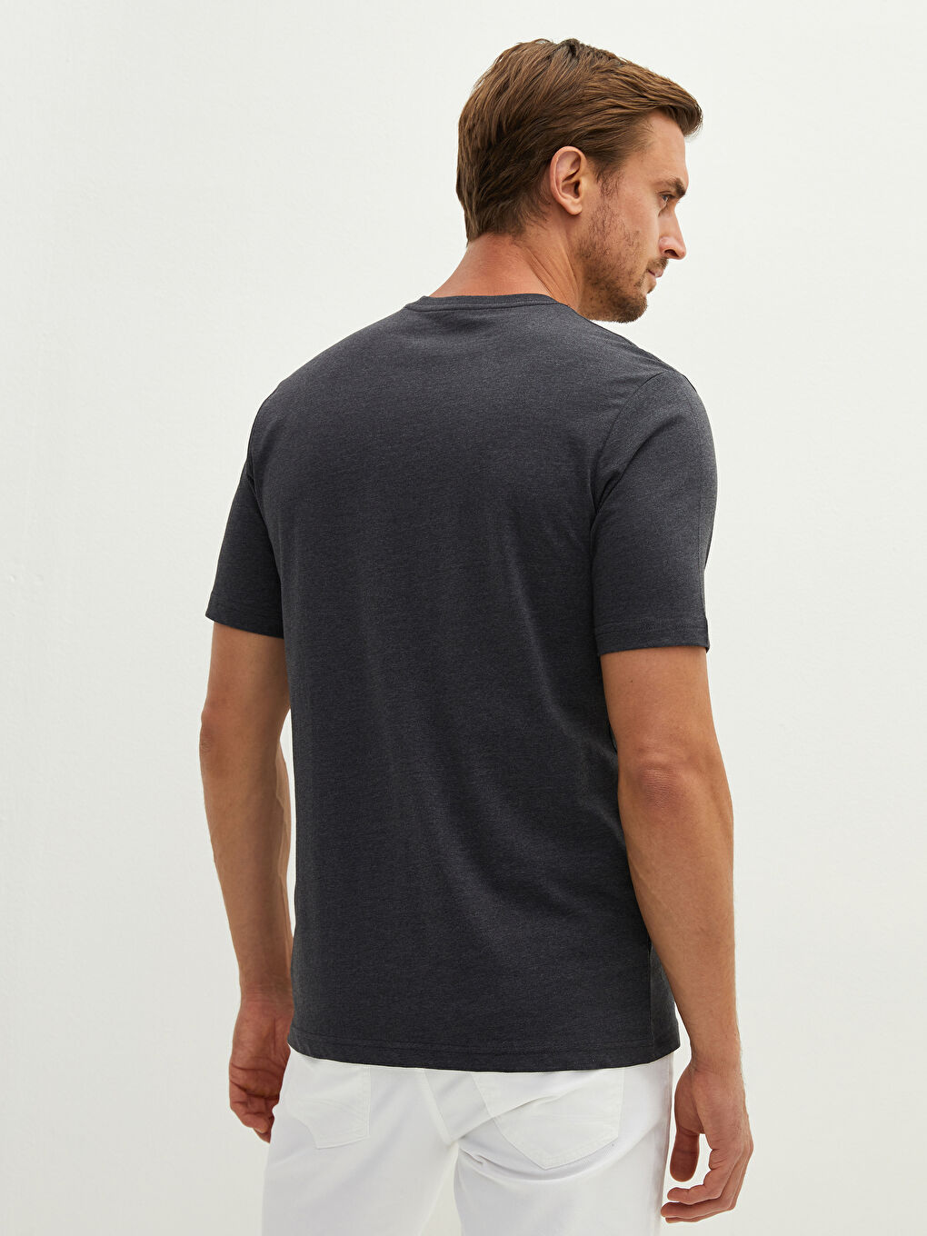 Antrasit V Yaka Kısa Kollu Basic Penye Erkek Tişört-2
