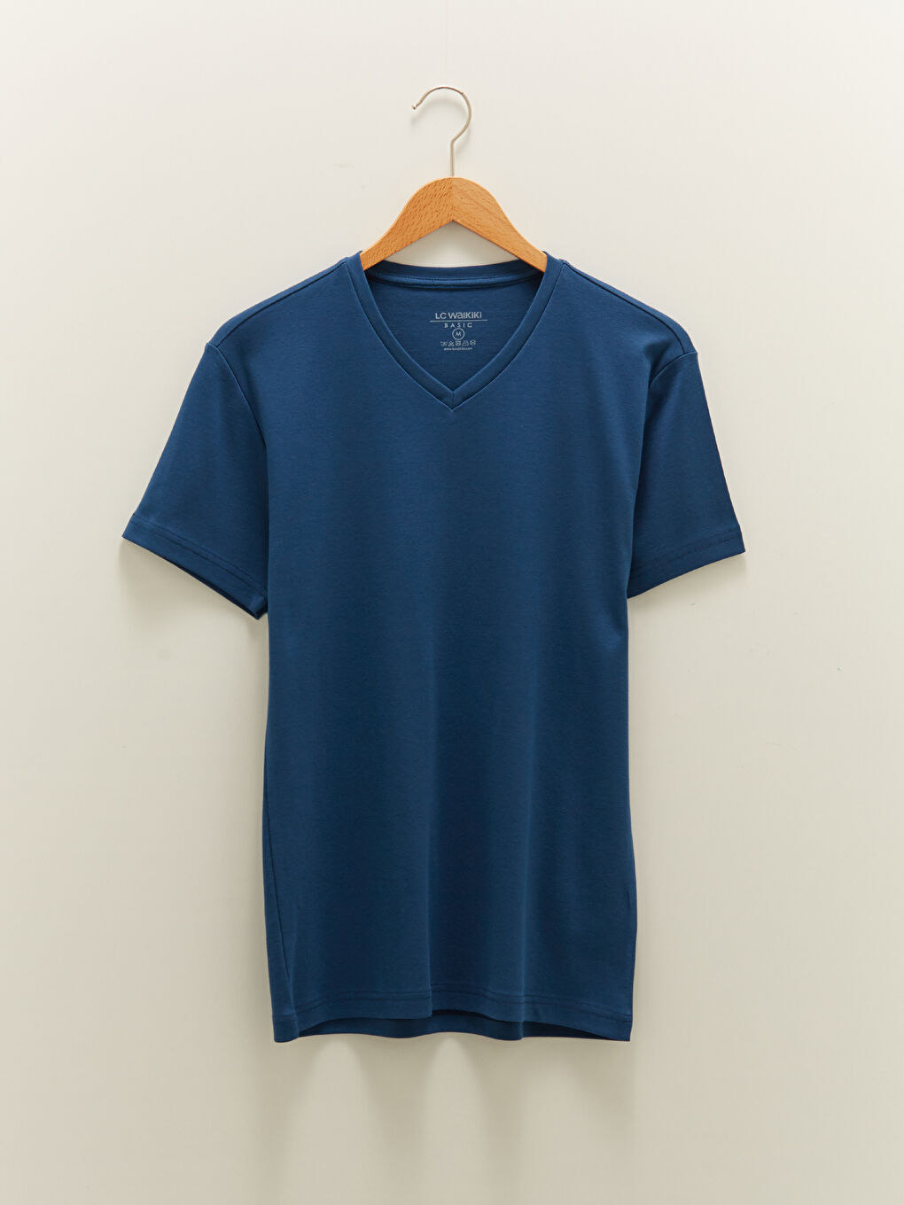 Mavi V Yaka Kısa Kollu Basic Pamuklu Erkek Tişört-5