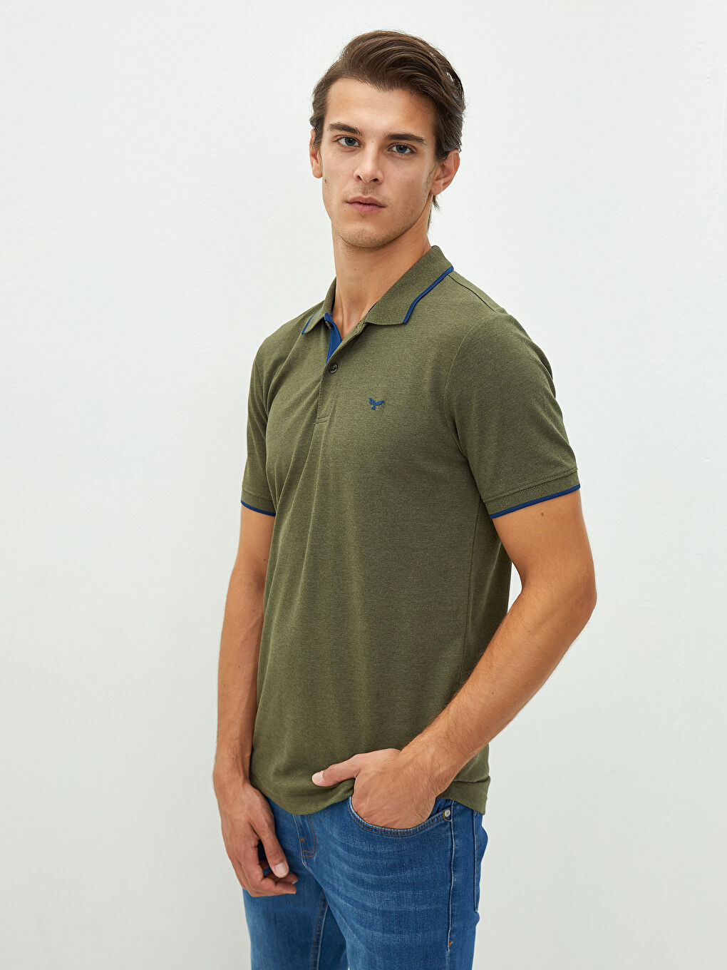 Haki Polo Yaka Kısa Kollu Pike Erkek Tişört-1