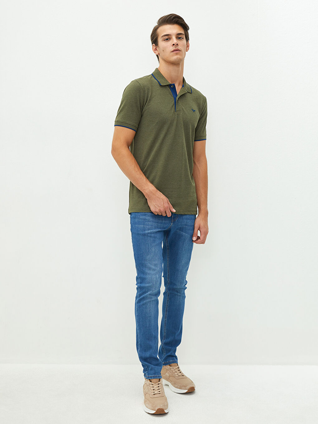 Haki Polo Yaka Kısa Kollu Pike Erkek Tişört-3