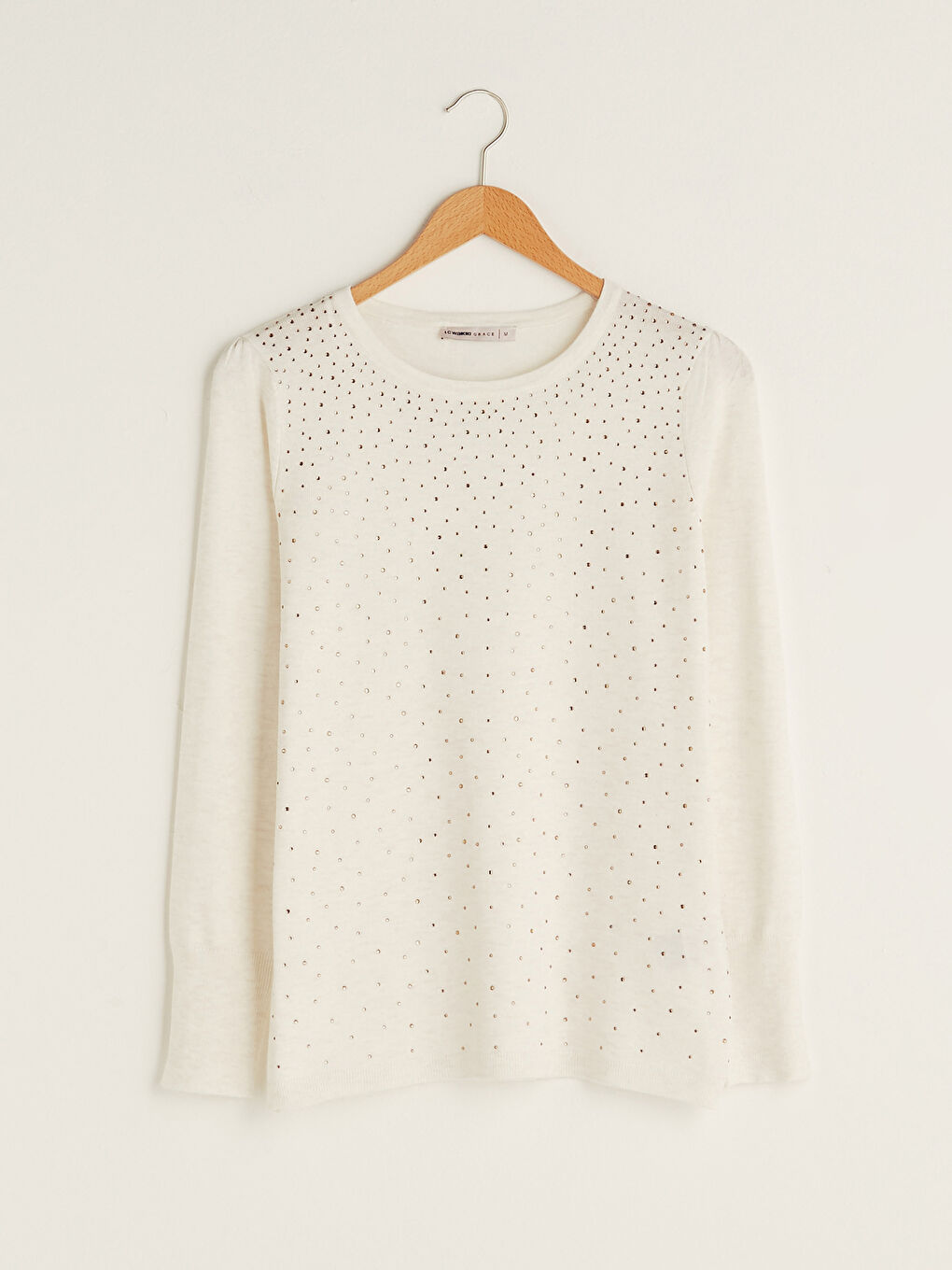 Pulover Tricotat cu Mânecă Lungă și Imprimeu cu Pietre Guler Rotund pentru Femei-5