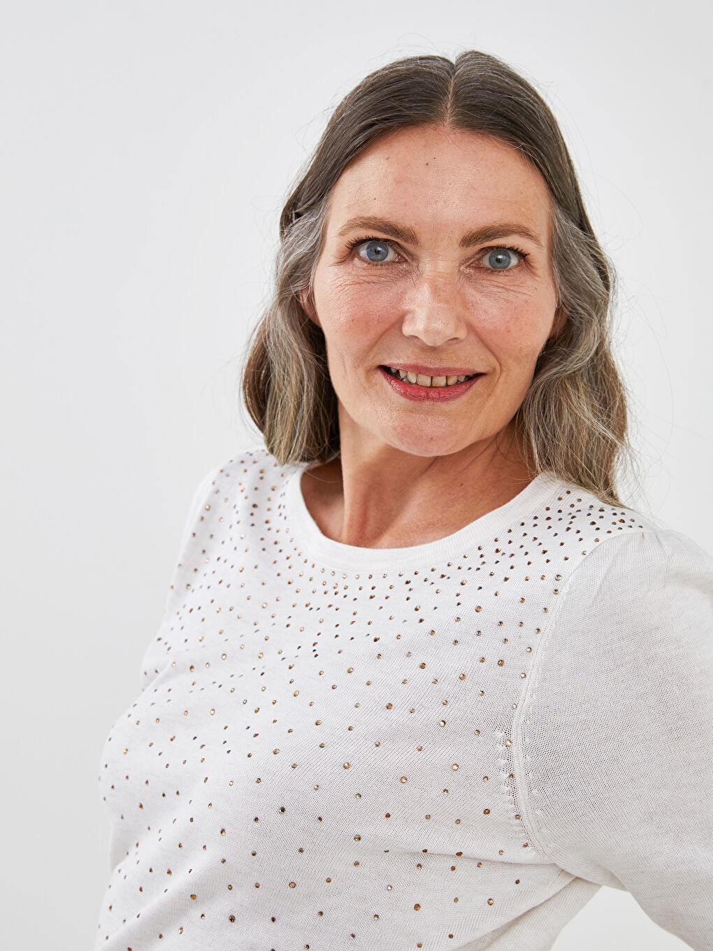 Pulover Tricotat cu Mânecă Lungă și Imprimeu cu Pietre Guler Rotund pentru Femei-1