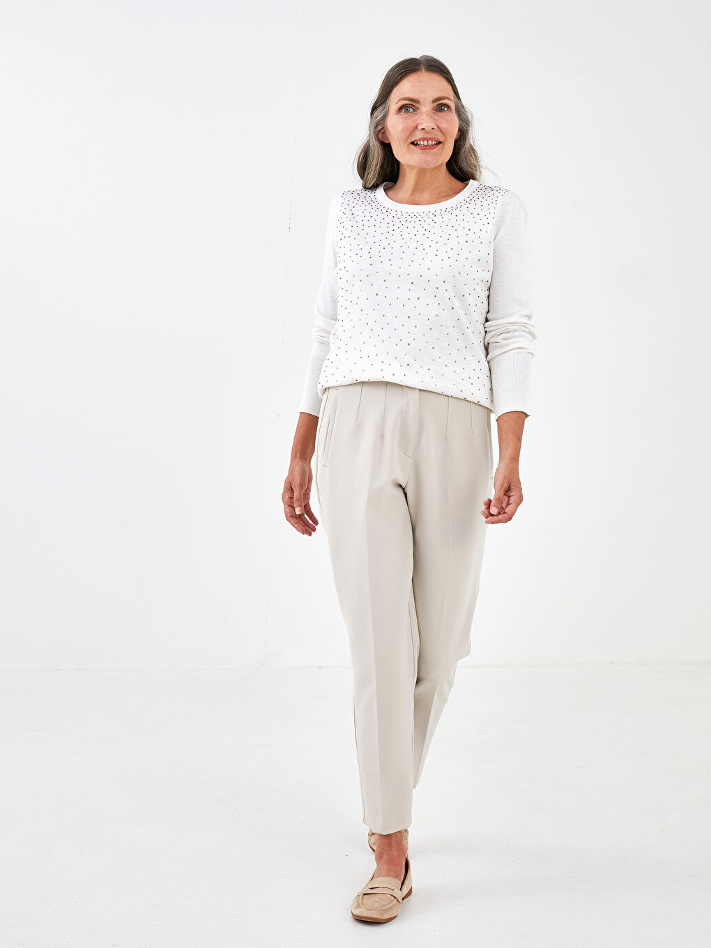 Pulover Tricotat cu Mânecă Lungă și Imprimeu cu Pietre Guler Rotund pentru Femei-2