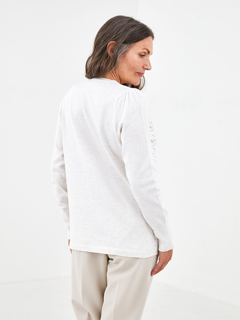 Pulover Tricotat cu Mânecă Lungă și Imprimeu cu Pietre Guler Rotund pentru Femei-3