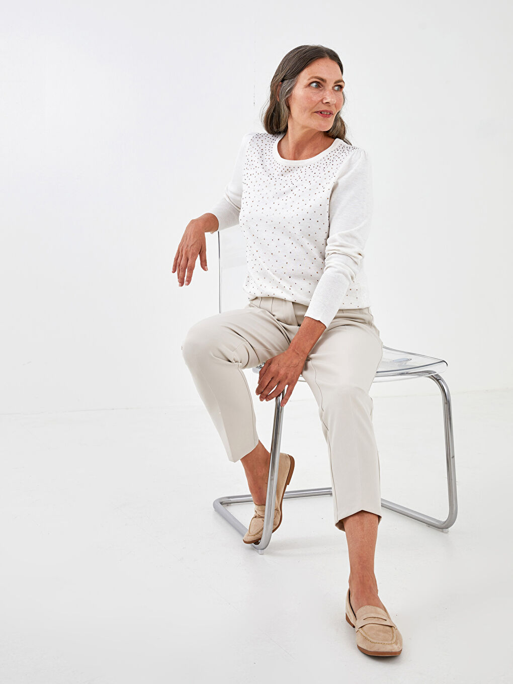 Pulover Tricotat cu Mânecă Lungă și Imprimeu cu Pietre Guler Rotund pentru Femei-4