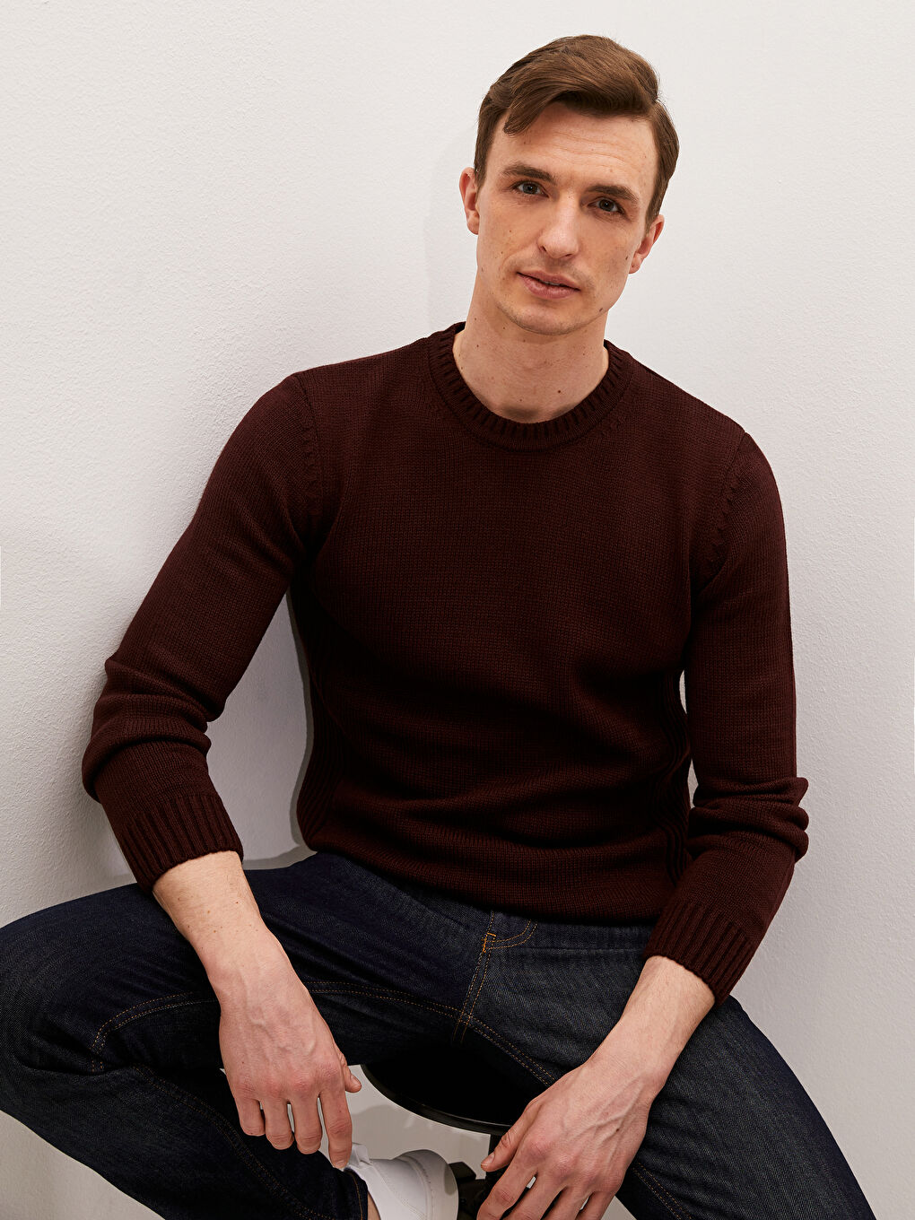 Bordo Bisiklet Yaka Erkek Triko Kazak-1