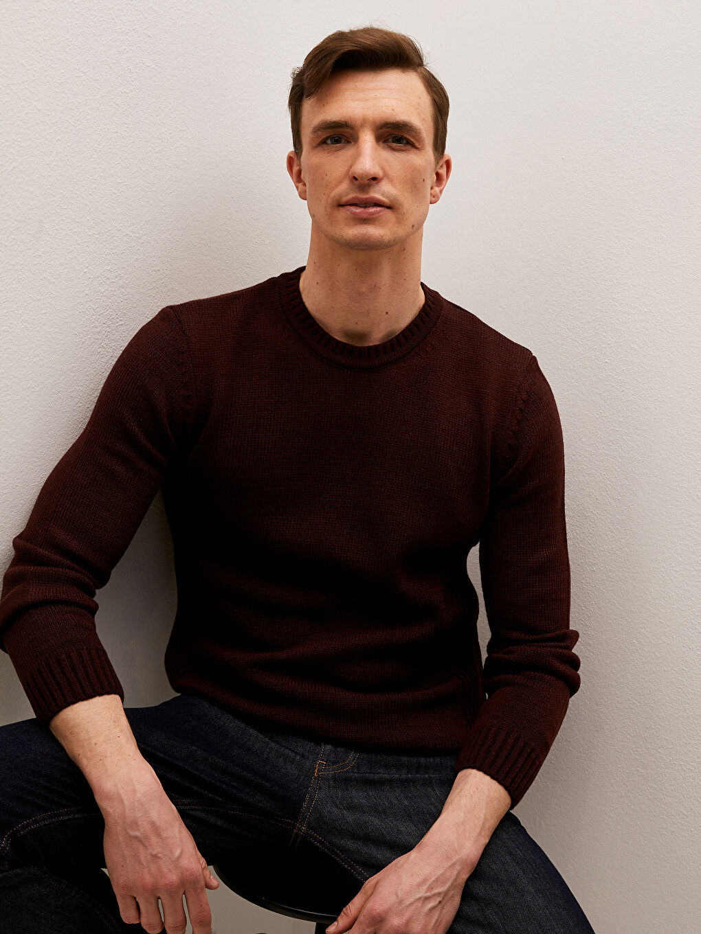 Bordo Bisiklet Yaka Erkek Triko Kazak-2