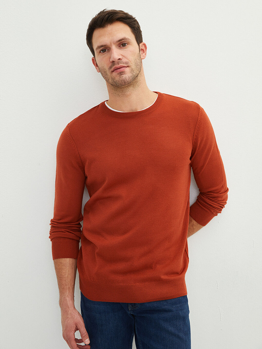 Kahverengi Bisiklet Yaka Uzun Kollu İnce Erkek Triko Kazak