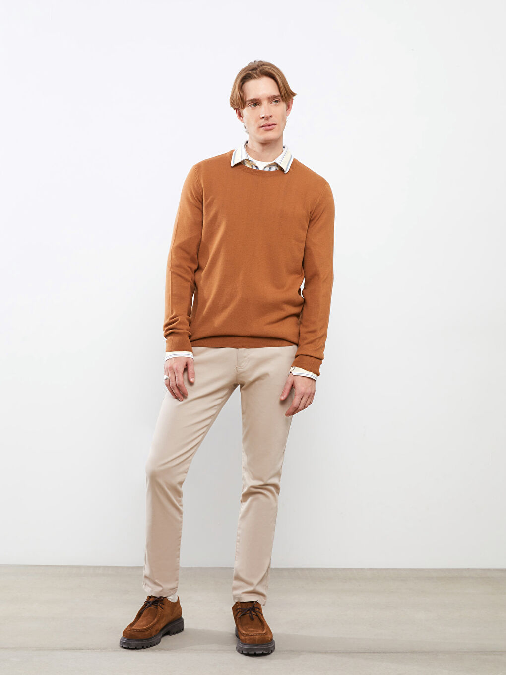 Kahverengi Bisiklet Yaka Uzun Kollu İnce Erkek Triko Kazak