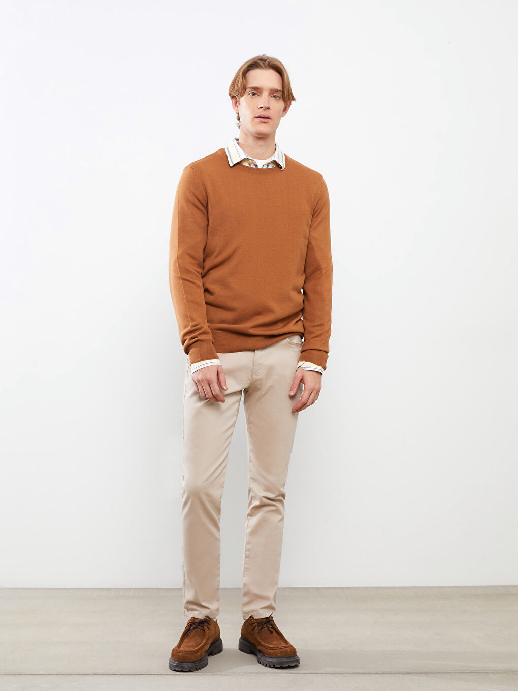 Kahverengi Bisiklet Yaka Uzun Kollu İnce Erkek Triko Kazak-1