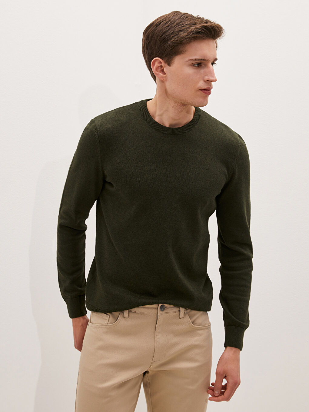 Haki Bisiklet Yaka Uzun Kollu İnce Erkek Triko Kazak