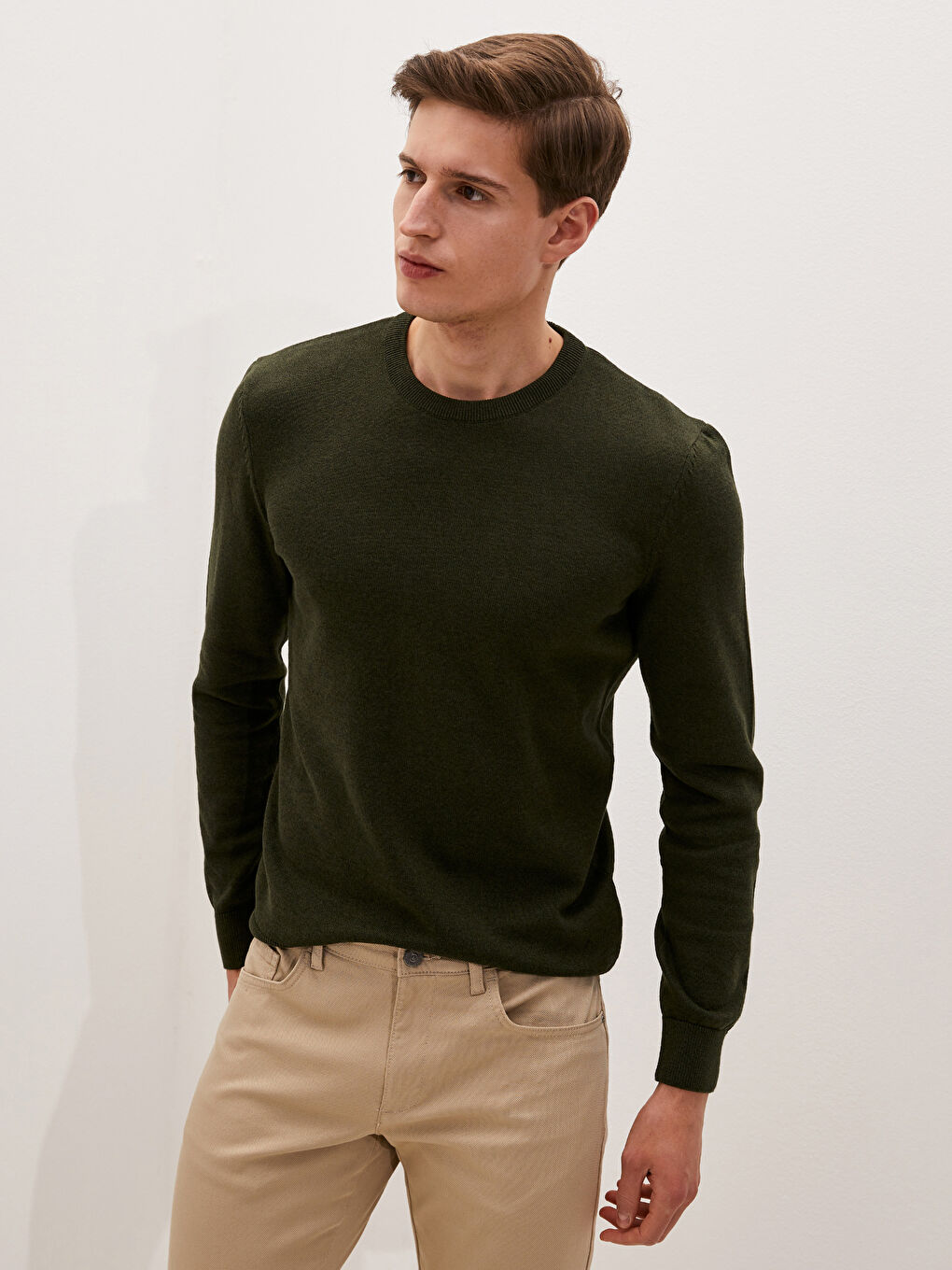 Haki Bisiklet Yaka Uzun Kollu İnce Erkek Triko Kazak-1