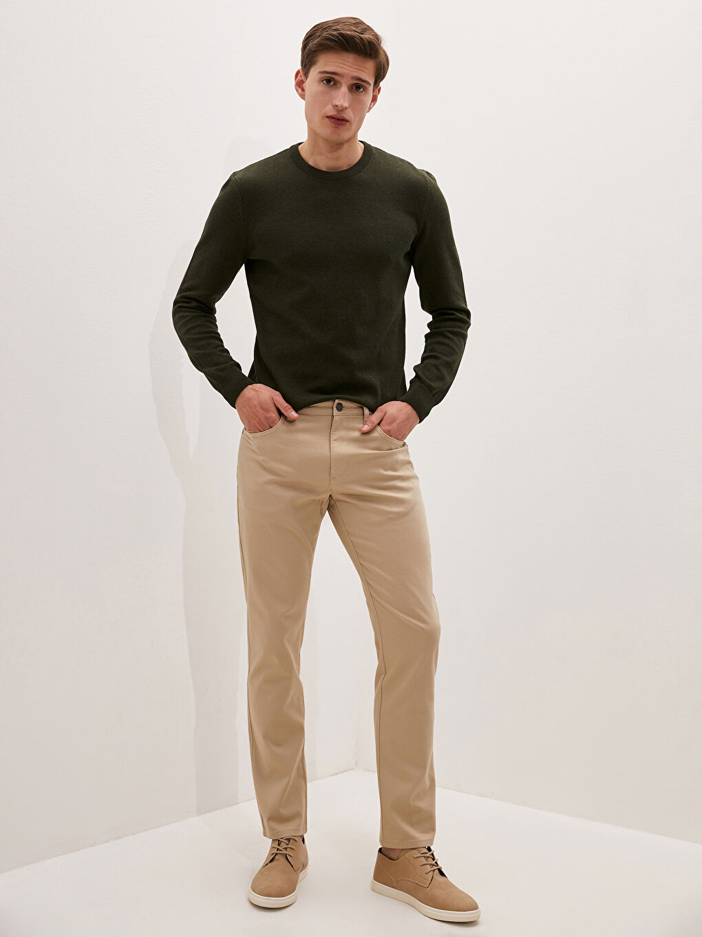 Haki Bisiklet Yaka Uzun Kollu İnce Erkek Triko Kazak-2