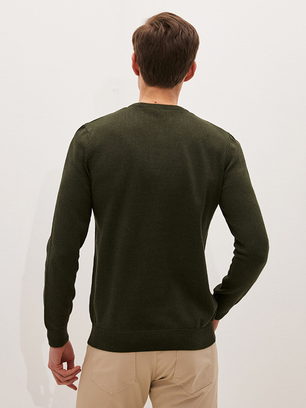 Haki Bisiklet Yaka Uzun Kollu İnce Erkek Triko Kazak-3