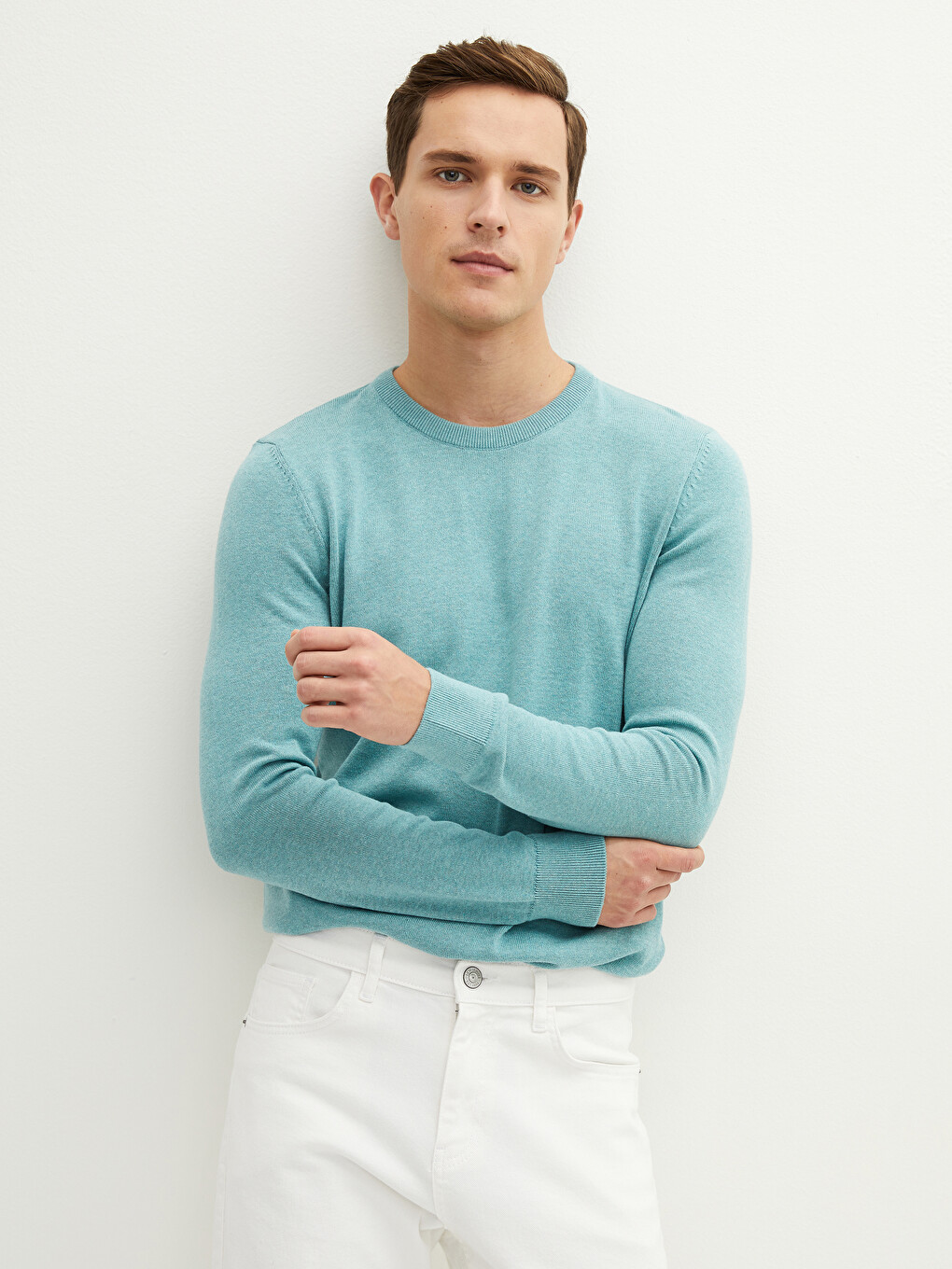 Rundhalsausschnitt Langarm Dünner Herren Strickpullover-5