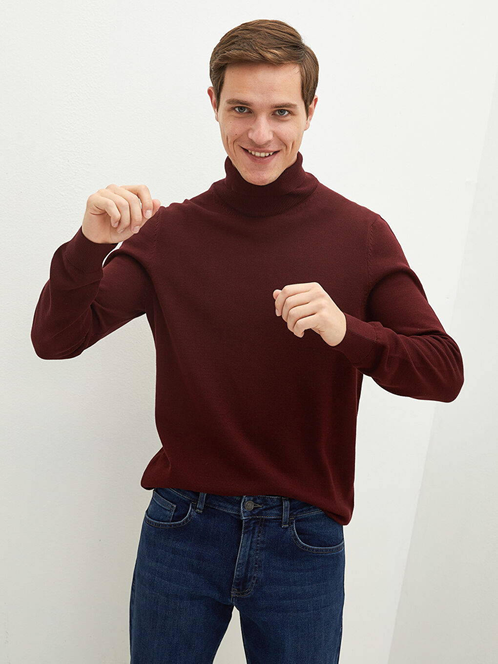 Bordo Balıkçı Yaka Uzun Kollu İnce Erkek Triko Kazak-1