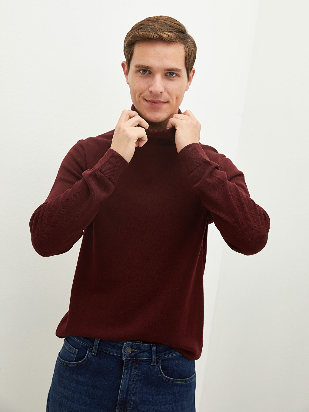 Bordo Balıkçı Yaka Uzun Kollu İnce Erkek Triko Kazak-2
