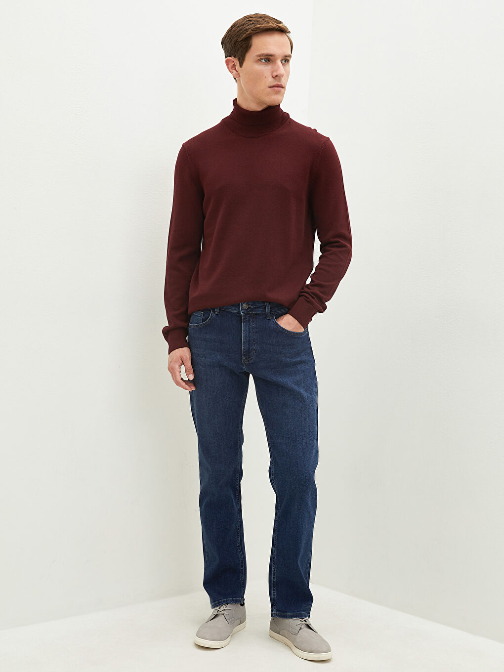 Bordo Balıkçı Yaka Uzun Kollu İnce Erkek Triko Kazak-3